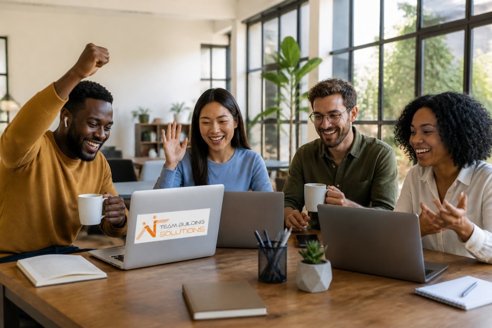 A diverse group of employees smiling and engaged during a video call on their laptops, with one person holding up a hand in celebration, natural office lighting streaming through windows