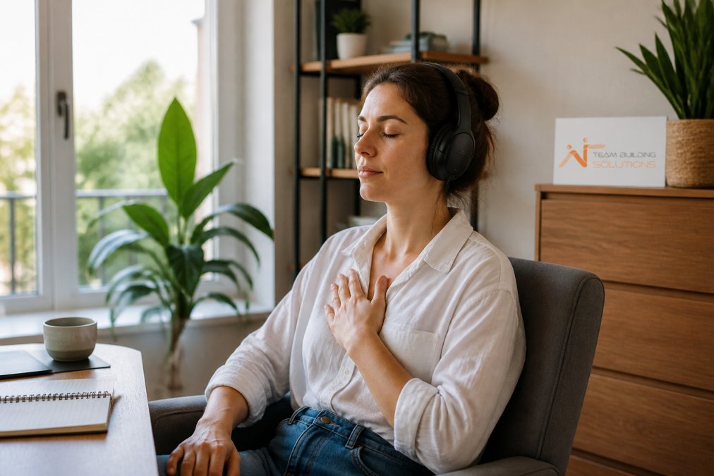 An employee in a relaxed home office environment, sitting comfortably with headphones on during a wellness session, looking calm and focused, soft natural lighting
