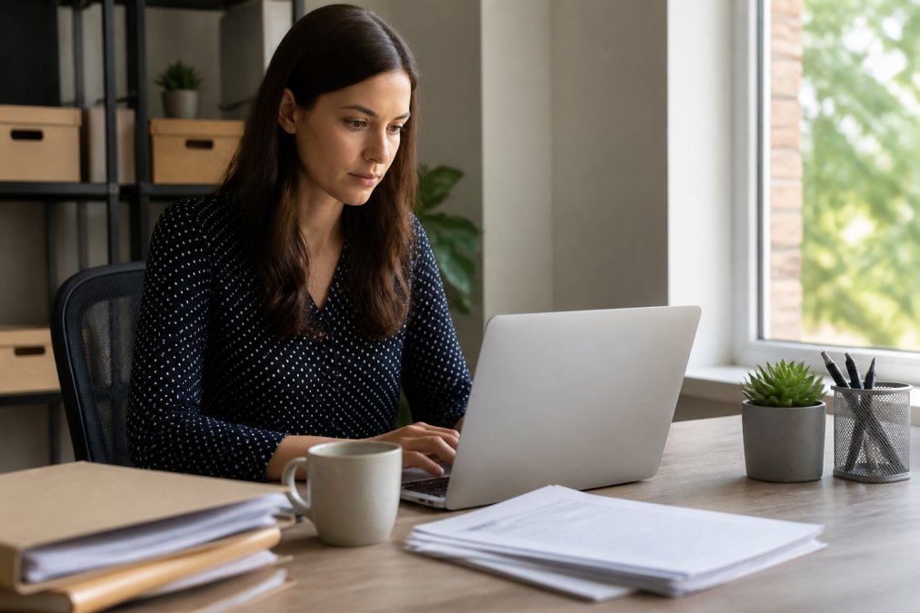 A focused professional working on a laptop at a clean home office desk, a cup of coffee and neatly arranged property documents beside them, soft natural light coming through a window