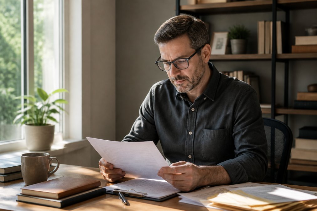 Small business owner reviewing remote work legal documents at a sunlit home office desk with a laptop and coffee.
