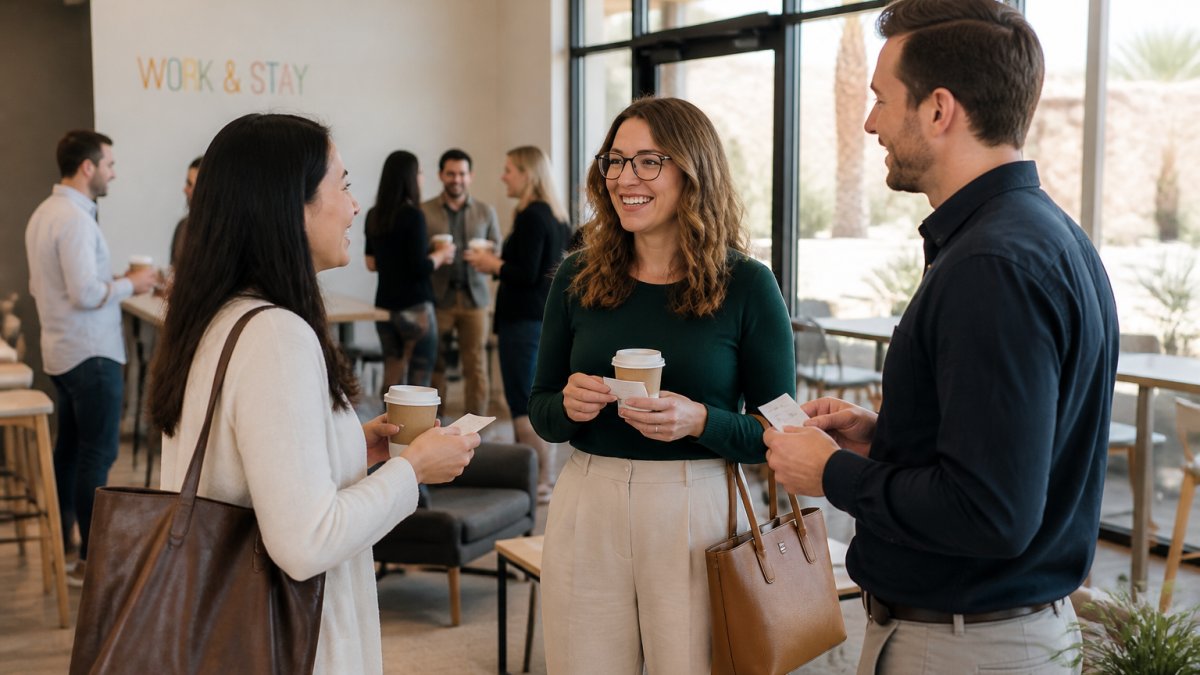 Professional remote workers engaged in conversation at a casual networking event in Scottsdale, holding coffee cups and business cards, natural lighting from large windows, modern casual venue setting