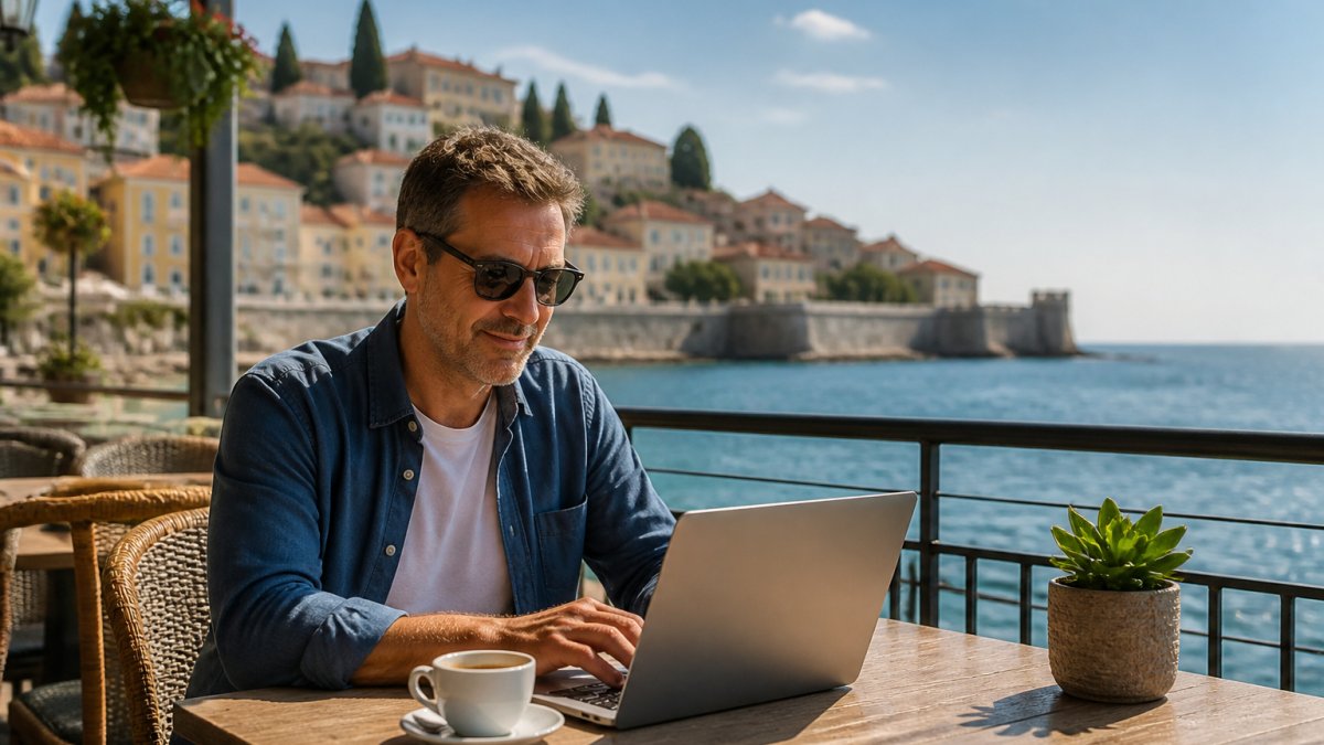 Remote worker using a laptop at a coastal European cafe while applying for a remote work visa.