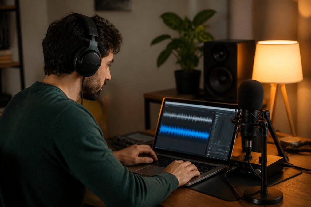 A creator sitting at a desk with headphones, editing audio on a laptop in a home studio, with a microphone nearby and warm lamp light across the workspace