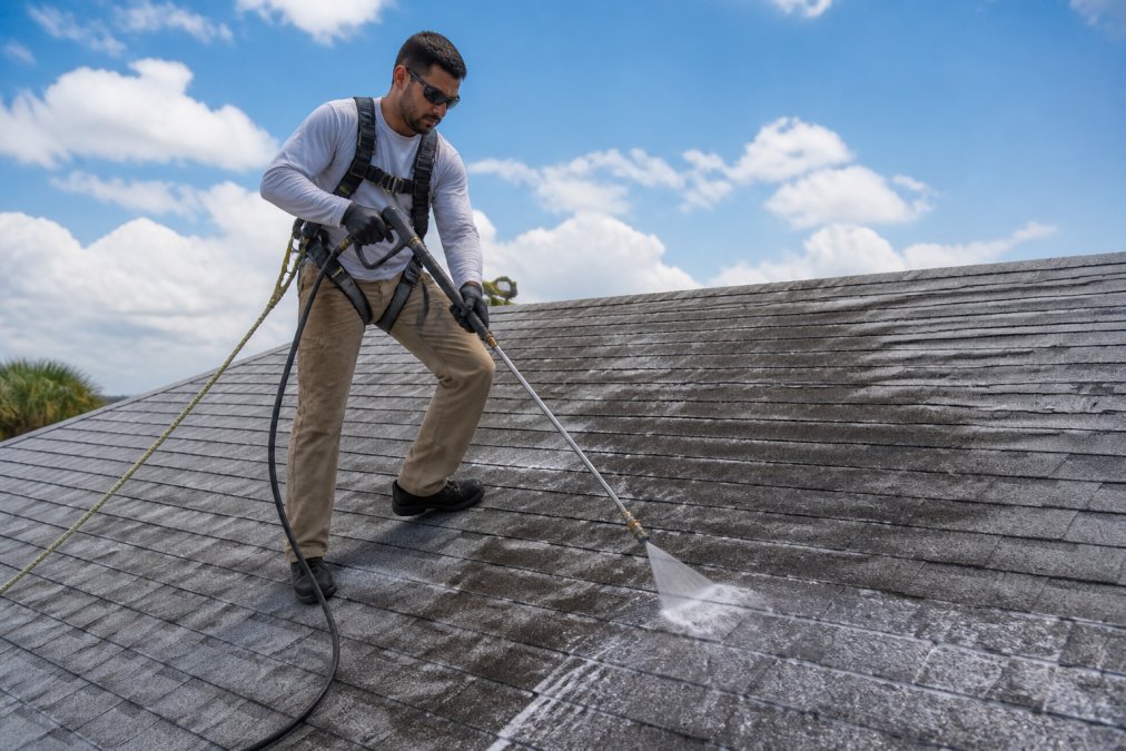 A roof cleaning technician wearing a full safety harness and protective eyewear, holding a soft wash spray wand and applying cleaning solution to dark-stained gray asphalt shingles on a sunny residential rooftop