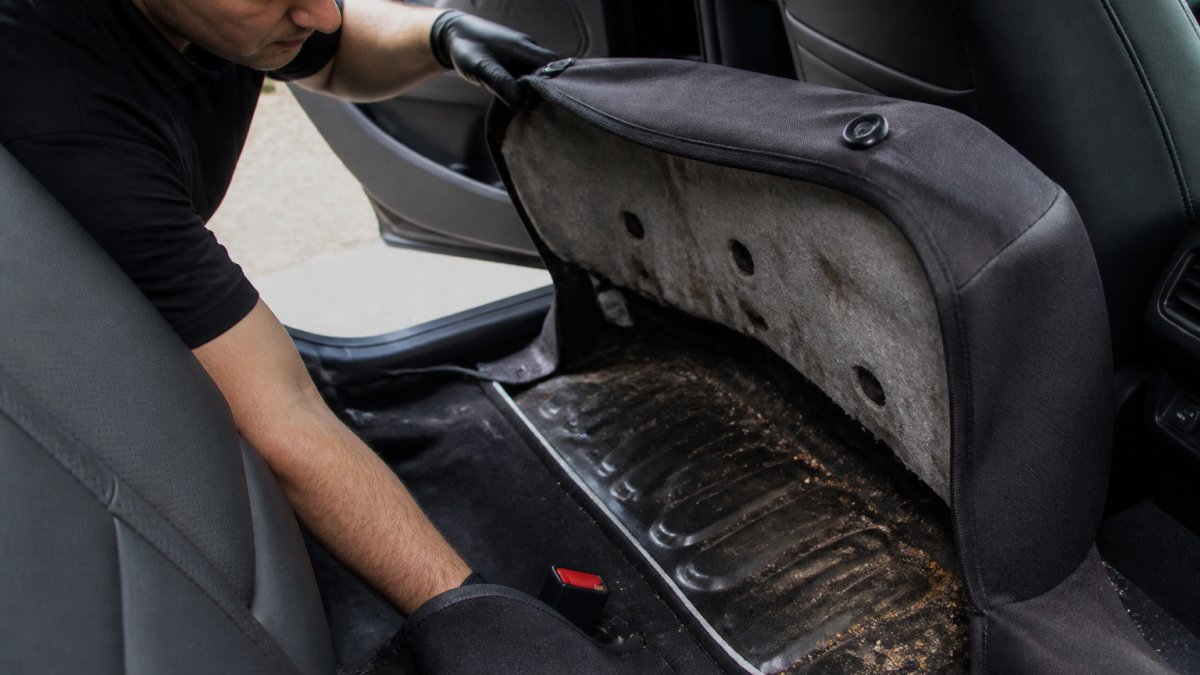 Close-up of someone lifting car seat upholstery and inspecting underneath for moisture, debris, or discoloration in natural daylight
