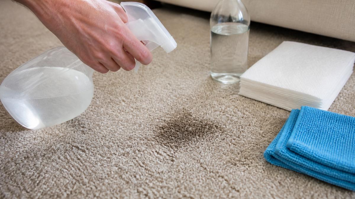 Spray bottle applying vinegar solution to carpet to remove carpet odours with paper towels nearby
