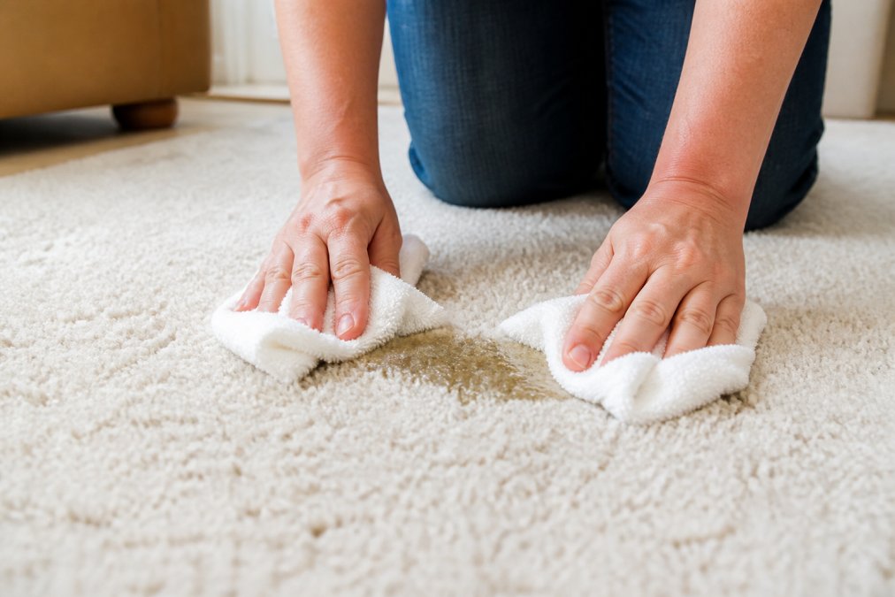 Close-up of hands using white absorbent towels to blot a wet spot on a light-colored area rug, showing proper blotting technique from the edges inward