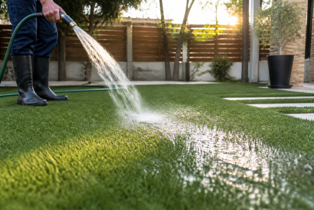 Person using a garden hose to rinse artificial turf with fresh dog urine accident, water flowing through synthetic grass fibers with morning sunlight