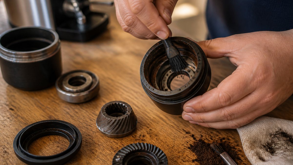 Hands using a stiff brush to scrub oily coffee residue from inside a disassembled grinder burr chamber