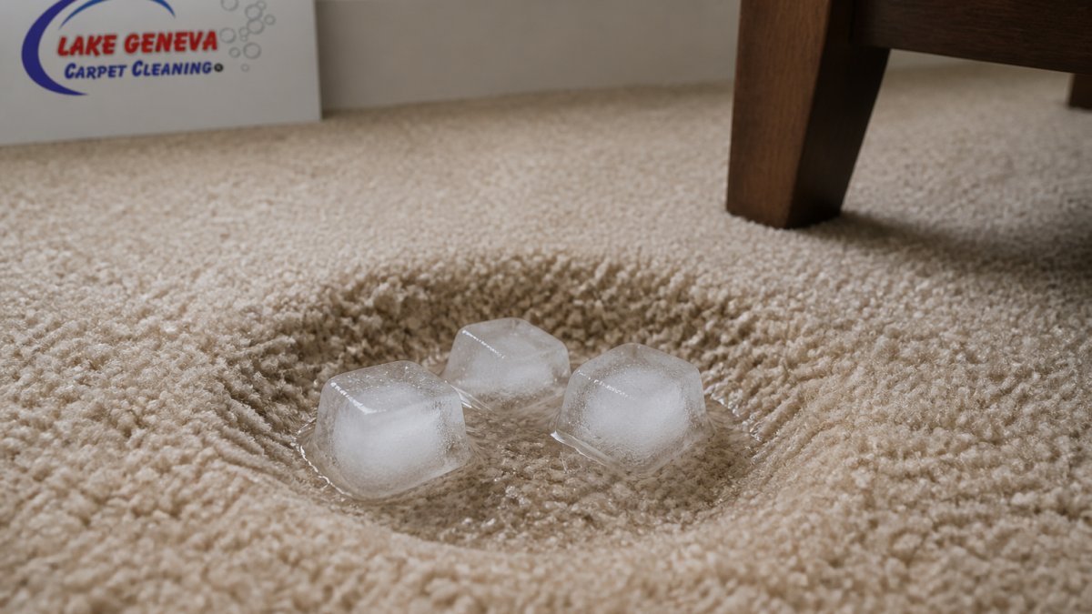Close-up of ice cubes placed on a carpet indentation, showing crushed pile fibers beginning to absorb moisture from slow melting