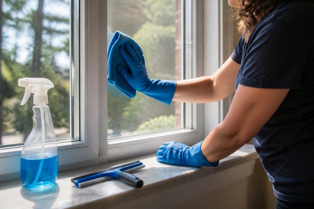Person in rubber gloves cleaning glass with a microfiber cloth to remove stubborn hard water spots