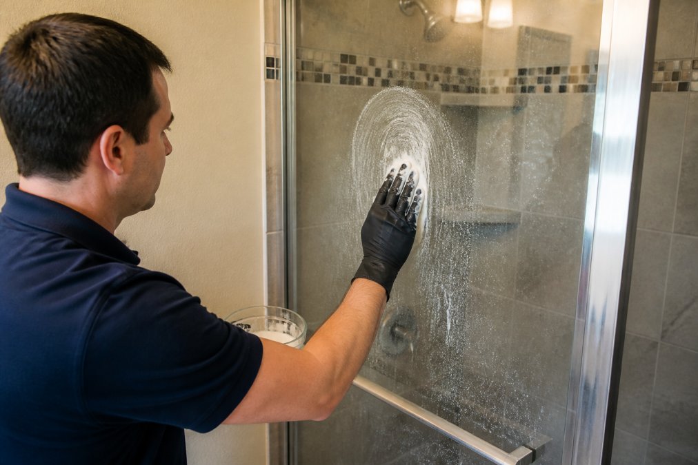 Professional demonstrating application of white vinegar and baking soda paste to shower glass door showing visible mineral deposits and water spots under bright bathroom lighting