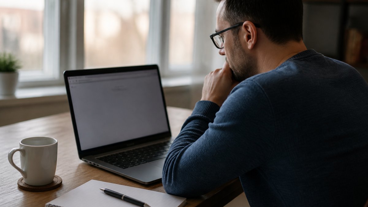 Person using a laptop to remove home address from internet while sitting at a desk with coffee.