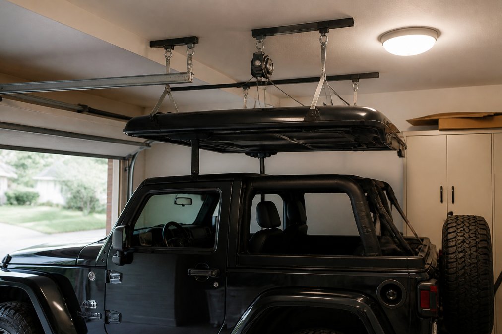 Diagram showing a DIY hoist system setup for jeep hardtop removal in a garage with low ceiling clearance
