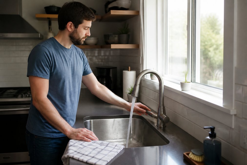 A homeowner in casual clothes turning on a kitchen faucet to let water run into a stainless steel sink, towel nearby, natural light through the window