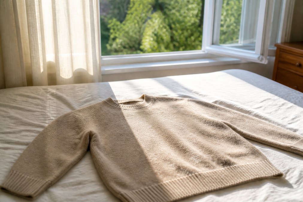 Alpaca sweater laid flat on a bed near an open window with natural sunlight streaming in, showing proper airing technique and fresh air circulation