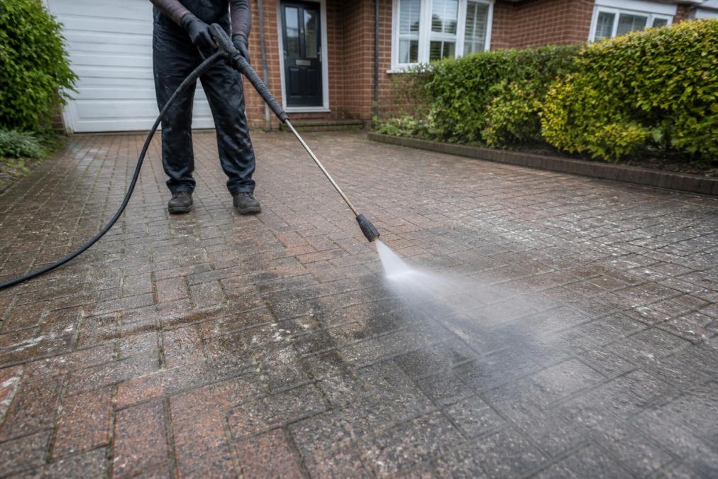 Professional contractor using pressure washer on block paving driveway at a controlled angle, showing proper technique with water spray visible, overcast daylight