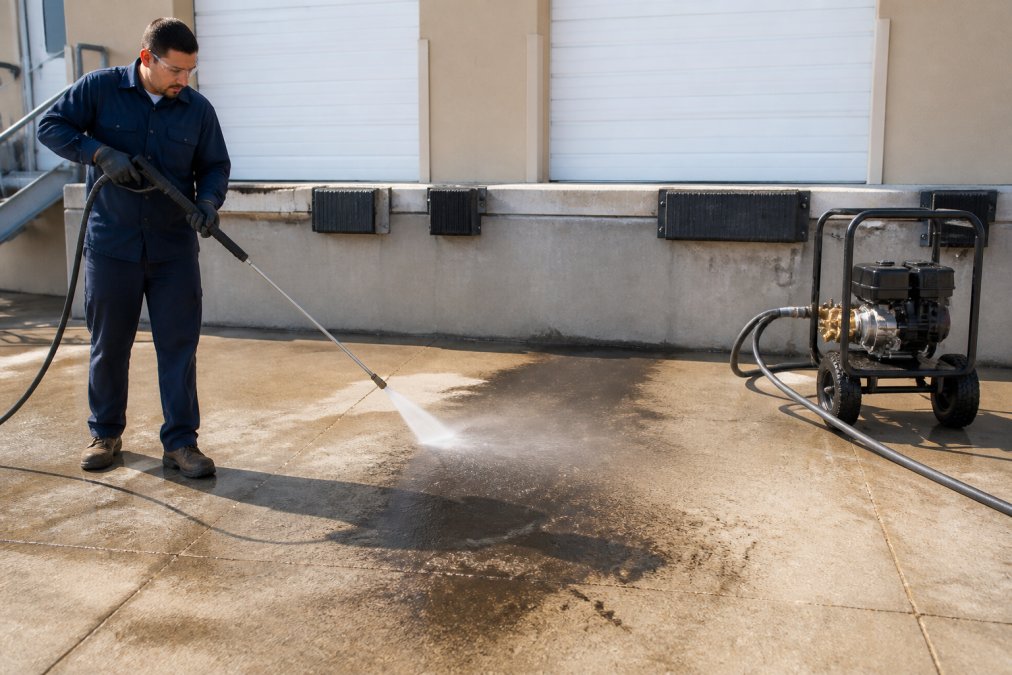 Commercial pressure washing equipment spraying a concrete loading dock surface with a visible dark oil stain, operator in protective gloves and safety glasses, bright daylight