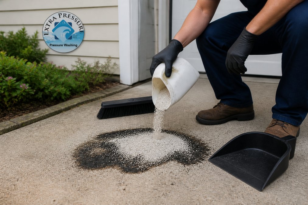 Person pouring cat litter on a fresh oil spill to help remove oil stains from concrete driveway surfaces.