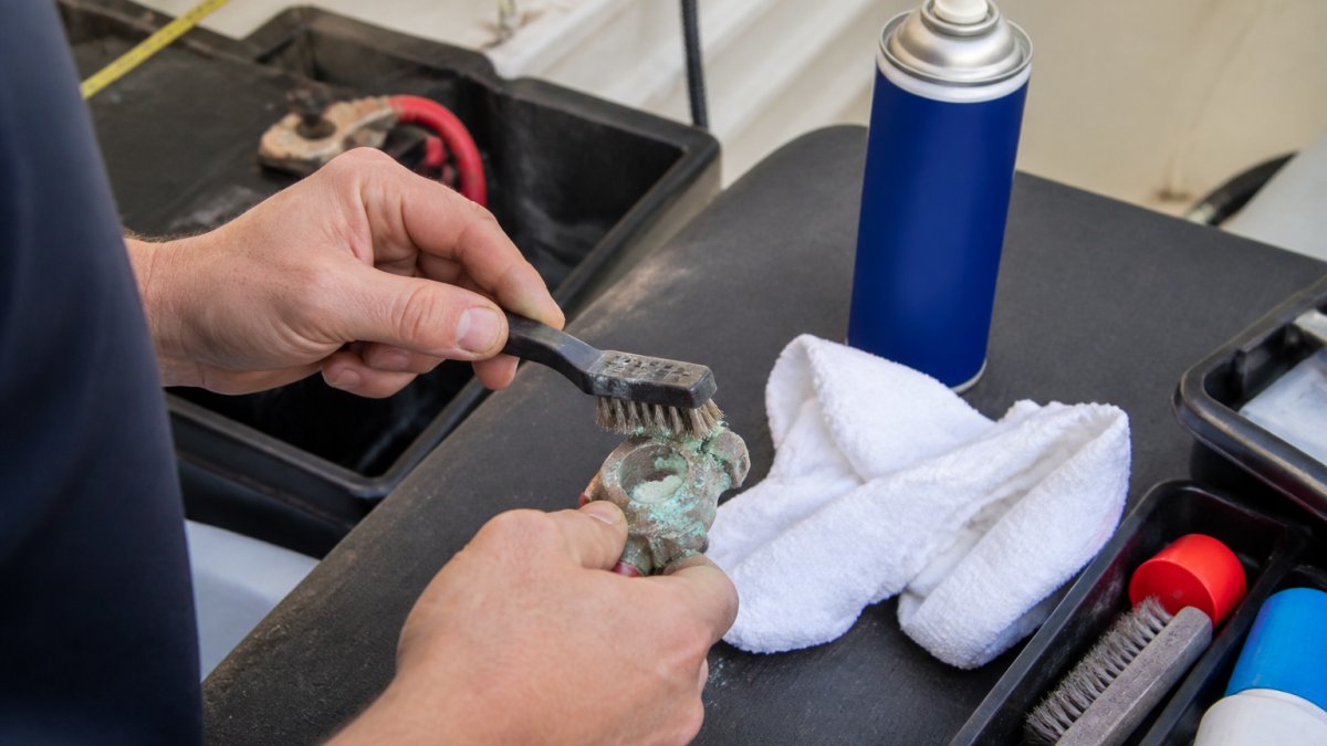 Close-up of a hand using a wire brush on a corroded marine battery terminal with visible green oxidation, surrounded by cleaning supplies including contact cleaner spray and a white cloth on a workbench