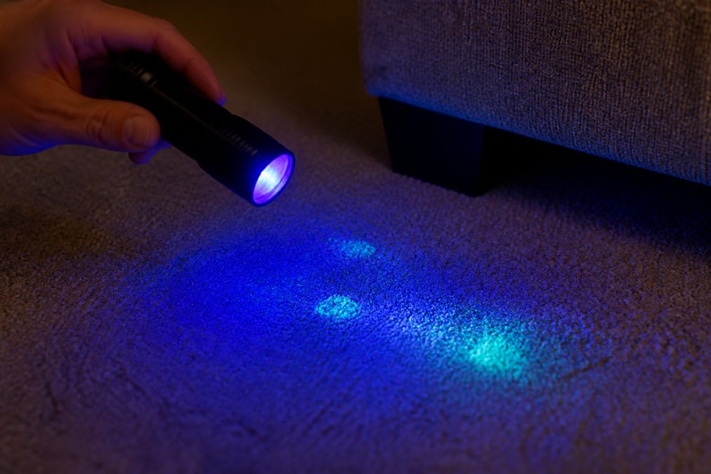 Close-up of a blacklight being used on carpet in a darkened room, revealing bright spots where pet urine has soaked into fibers