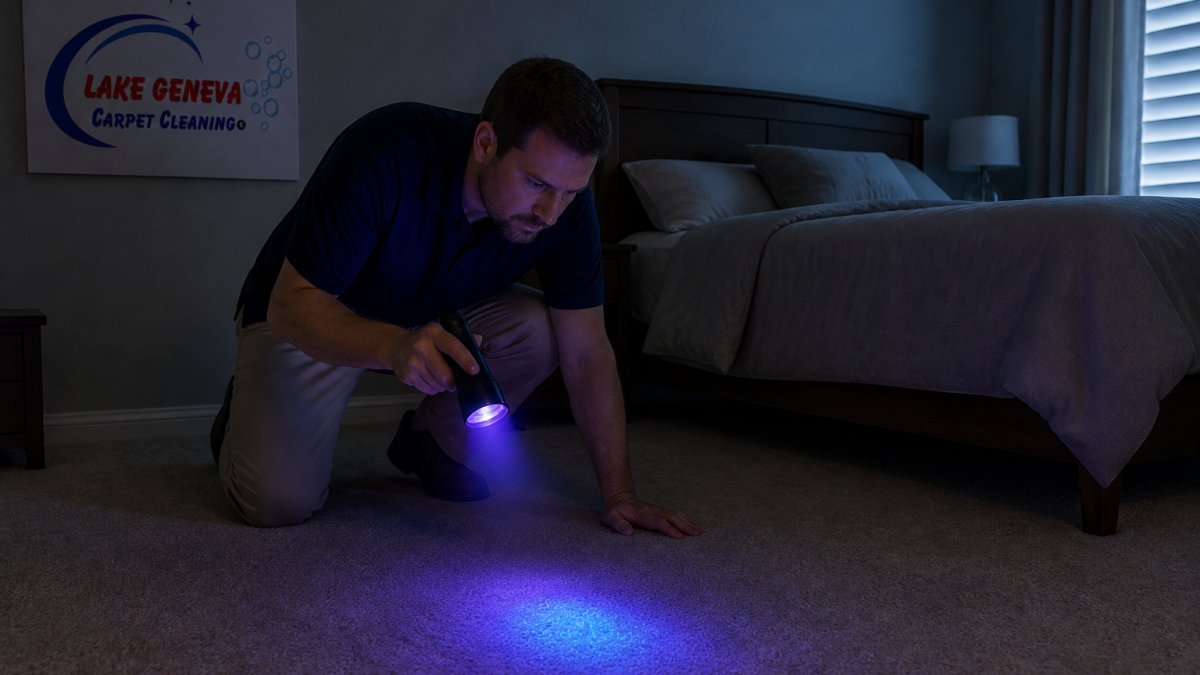Homeowner using a blacklight flashlight to detect pet urine spots on carpet in a dimly lit bedroom