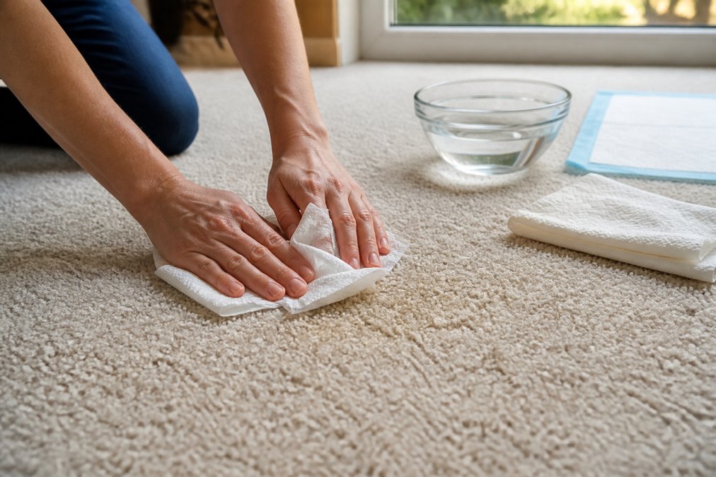 Close-up of hands using white absorbent towels to blot fresh pet urine from light-colored carpet fibers, with natural window lighting