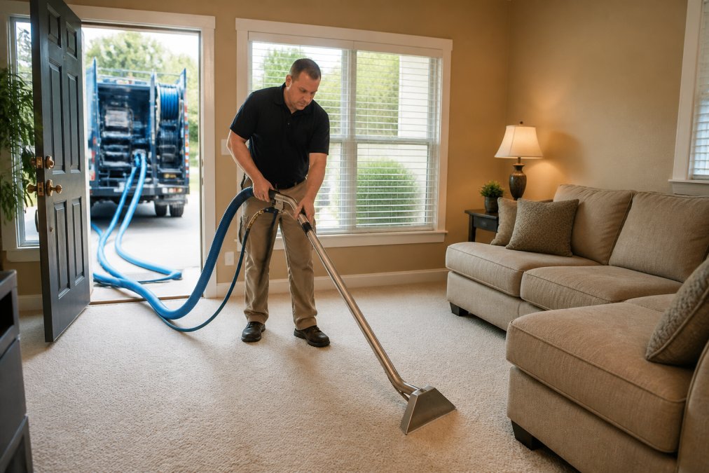 Professional carpet cleaning technician operating truck-mounted hot water extraction equipment on residential carpet in a living room, with hoses and equipment visible
