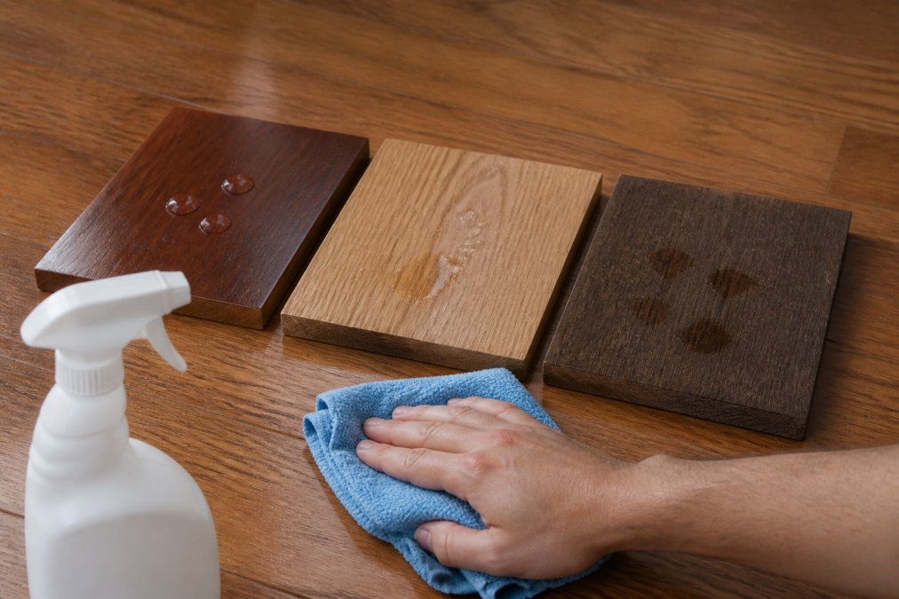 Three hardwood finish samples (polyurethane, wax, oil) with water droplets showing different absorption rates; enzyme cleaner bottle with cloth application method in foreground