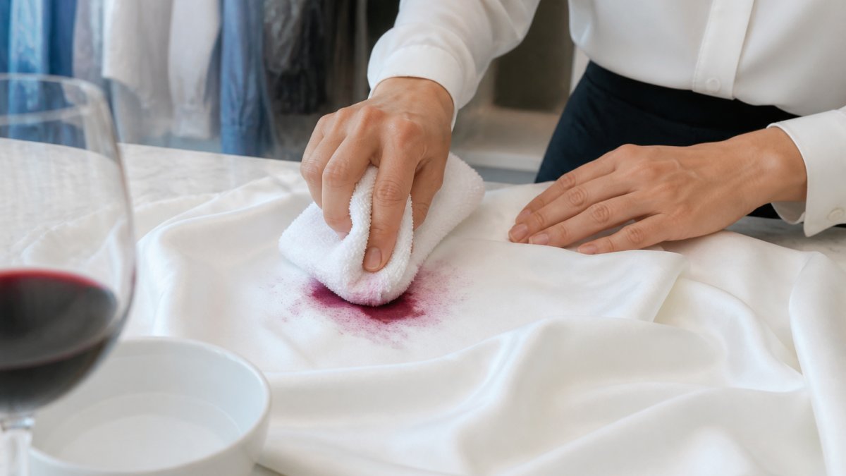 Professional demonstrating gentle blotting technique on white silk fabric with red wine stain using white cloth, showing proper hand position and pressure in natural lighting