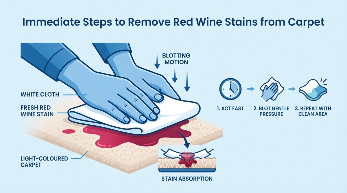 Close-up of hands using an absorbent white cloth to blot a fresh red wine spill on light-coloured carpet, showing proper blotting technique without scrubbing