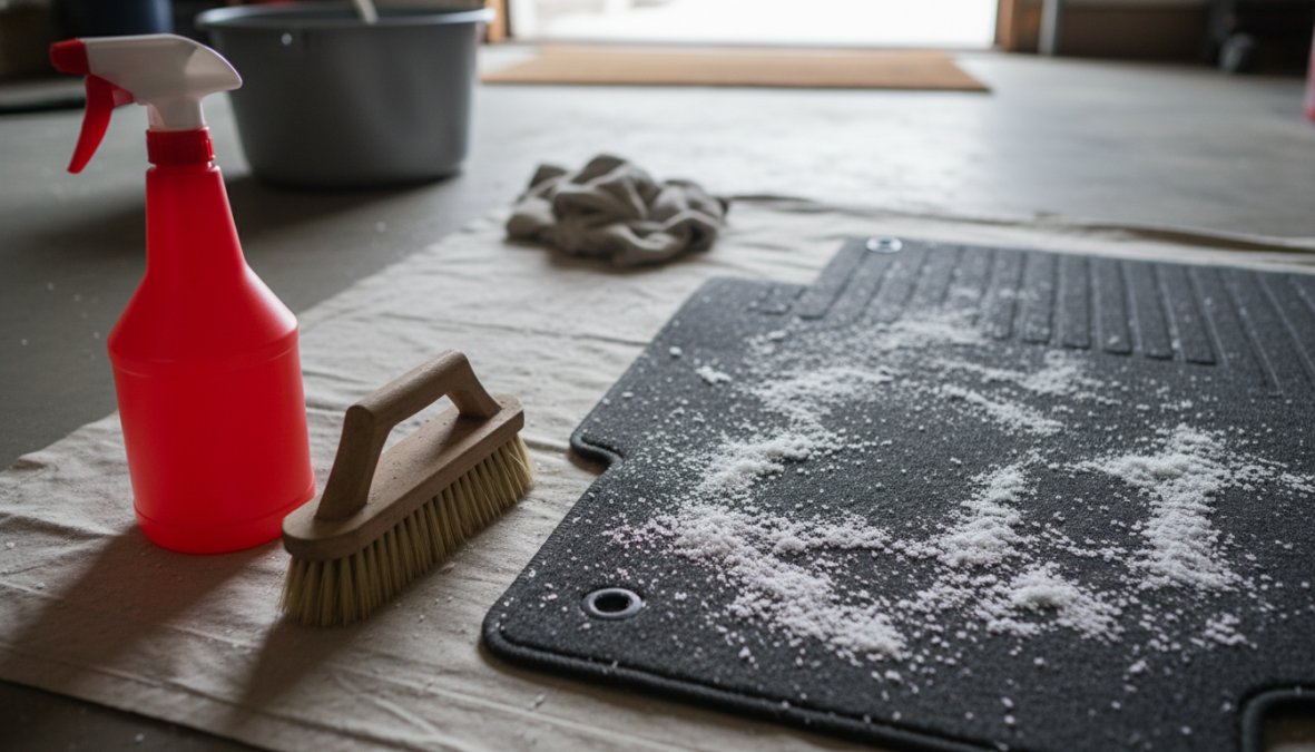 Close-up of a person in a home entryway kneeling on a beige carpet, spraying a clear solution from a white spray bottle onto a white salt stain, with a stiff-bristled brush resting nearby on the carpet and natural window light illuminating the scene