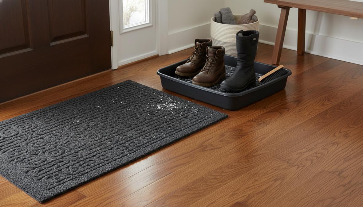 A well-organized home entryway with a thick, dark-colored door mat placed outside the front door, a rubber boot tray inside holding two pairs of winter boots, and clean hardwood floors extending toward a carpeted living area, photographed in warm indoor lighting