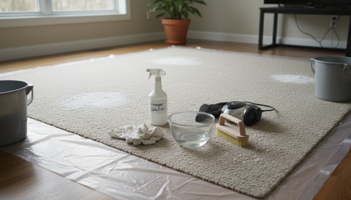Close-up of a person's gloved hand pressing a white microfiber cloth onto a white crusty salt stain on a beige carpet near a home entryway, with a small spray bottle and bowl of vinegar cleaning solution visible on the floor nearby, shot in warm natural light