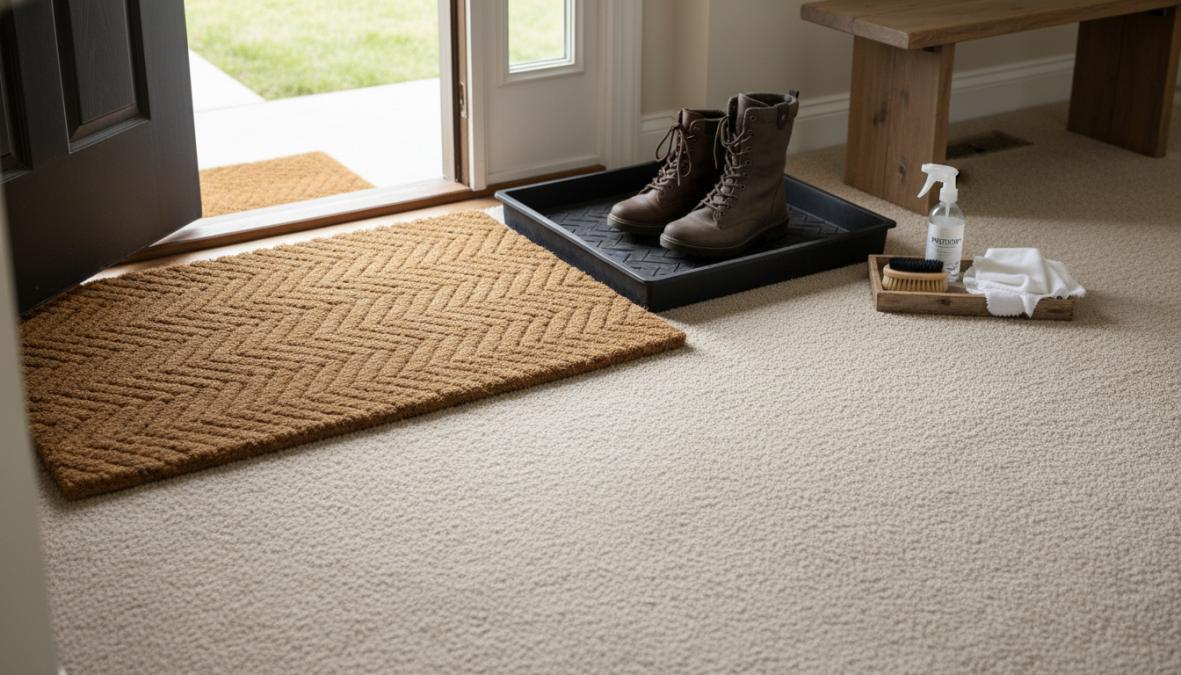 A bright, well-lit home entryway with a thick absorbent door mat, a boot tray holding neatly arranged winter boots, and a clean, salt-free carpet visible just beyond the mat, photographed in warm indoor lighting