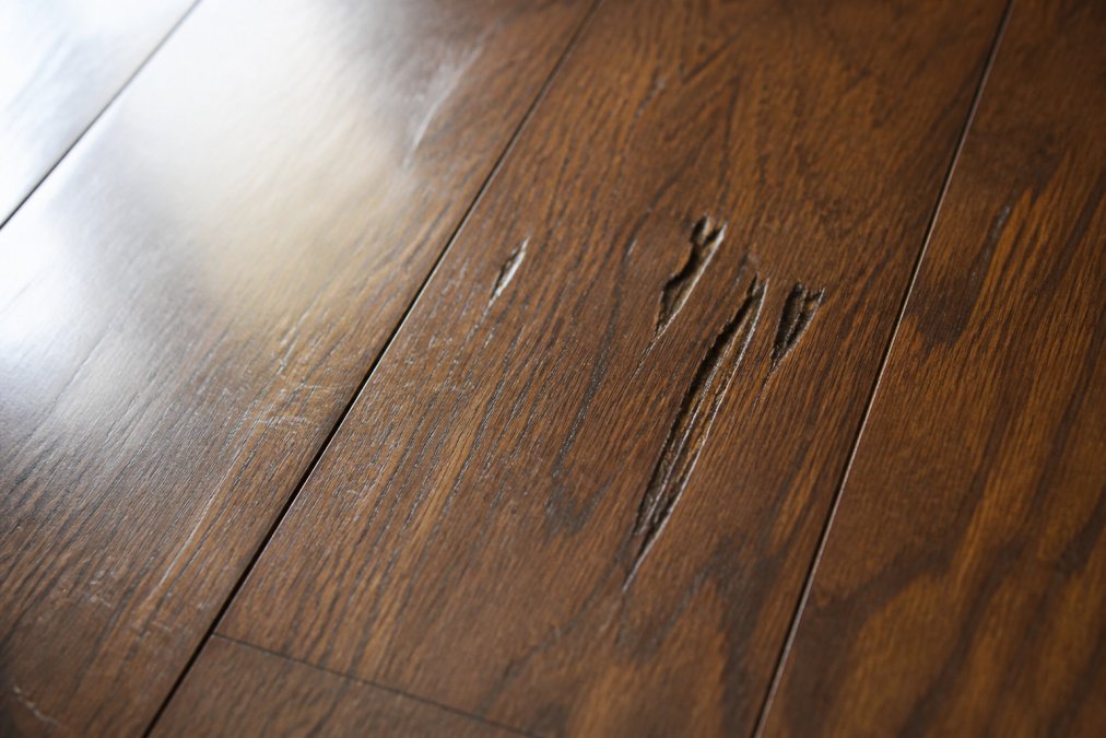 Close-up of hardwood floor showing light surface scratches next to deep gouges with natural window lighting highlighting damage severity