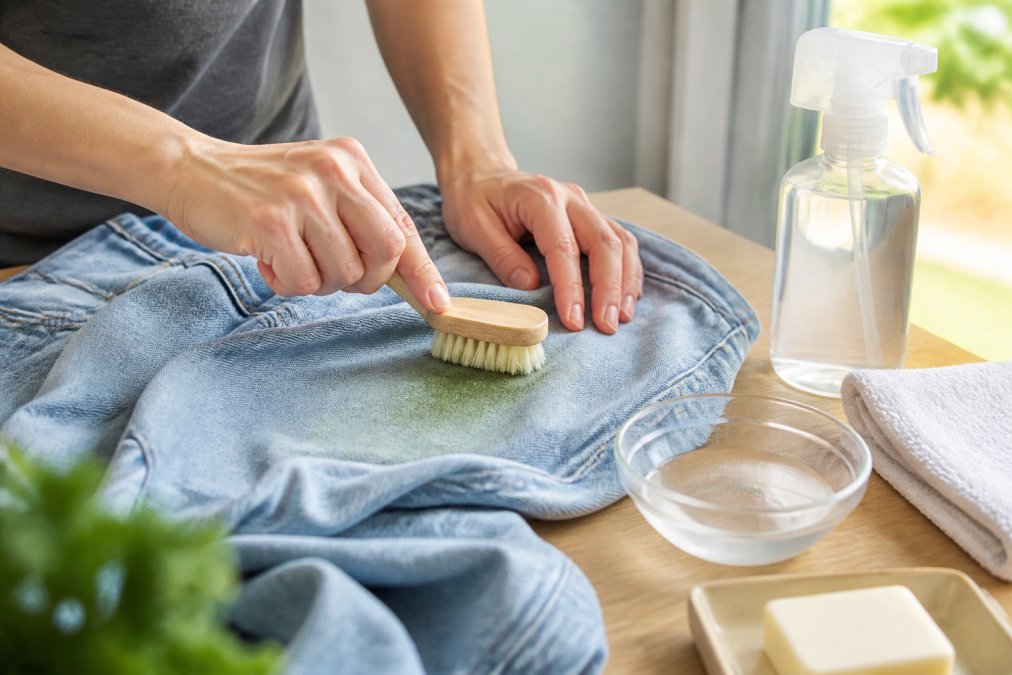 Person using a soft-bristled brush to gently scrub a grass stain on denim fabric with a cleaning solution applied, working in circular motions under natural light