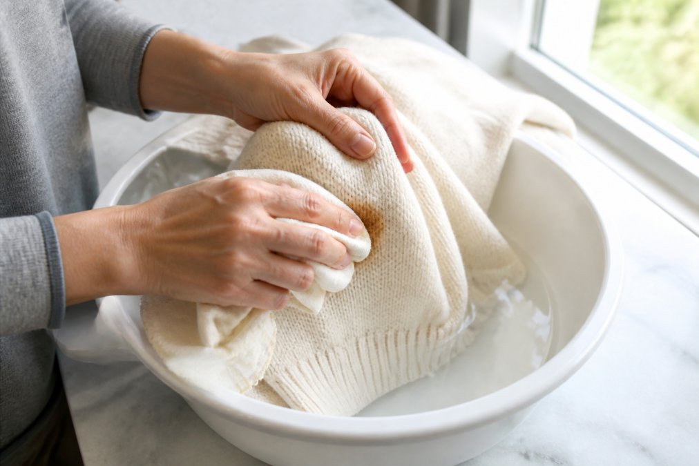 Hands gently blotting a cream-colored alpaca sweater with a soft lint-free cloth over a basin of cool water, showing proper spot-cleaning technique with natural window lighting