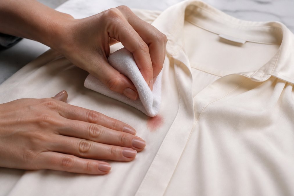 Close-up of hands gently blotting a fresh stain on a delicate silk blouse with a white absorbent cloth, showing proper technique with light pressure and fresh cloth sections