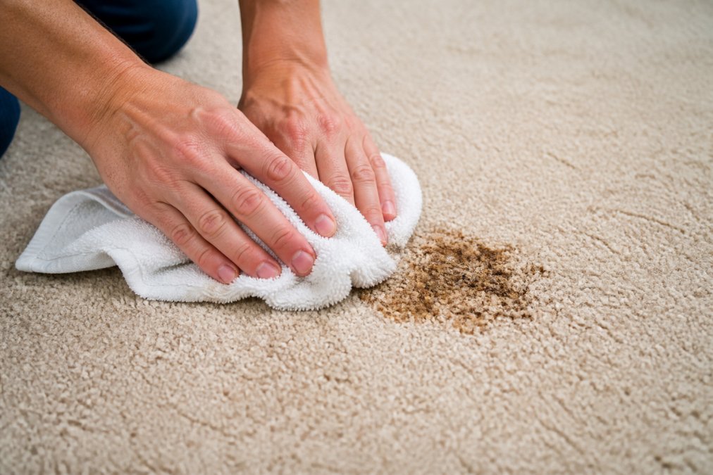 Close-up of hands blotting a carpet stain with an absorbent white towel, showing proper blotting technique without rubbing, natural lighting from above