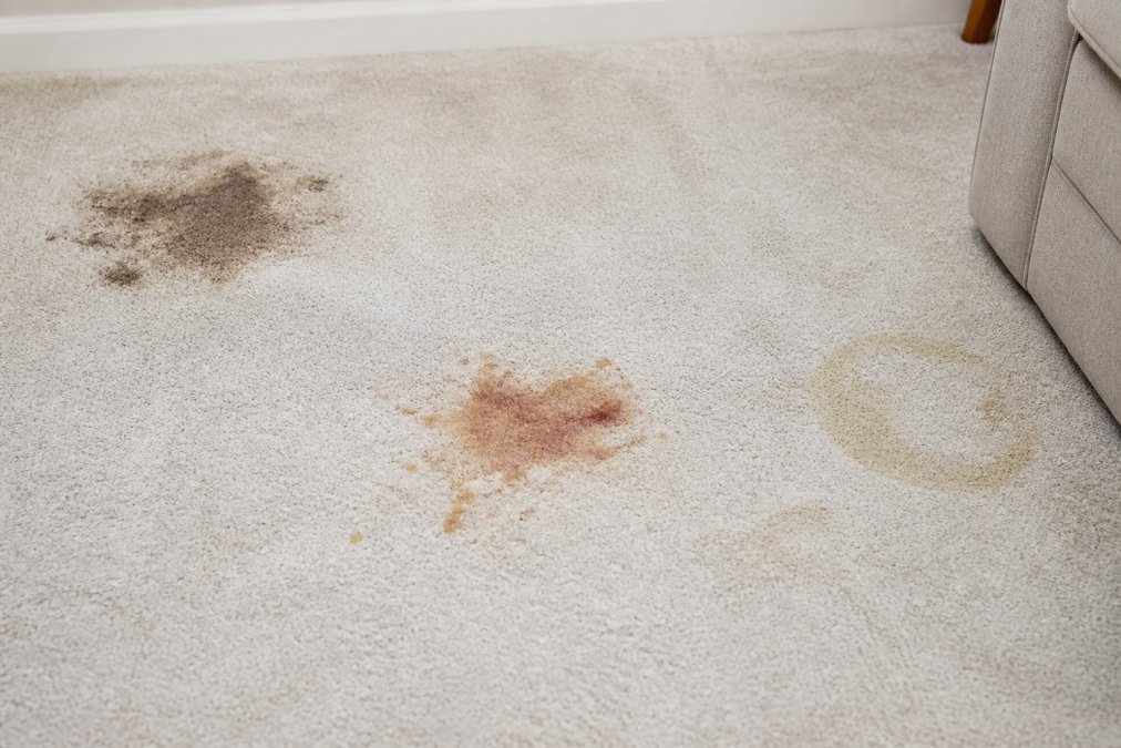 A light-coloured carpet with three distinct stain types visible: a dark pet stain in one corner, a food or beverage stain in the centre, and an oily residue mark on the right, natural lighting