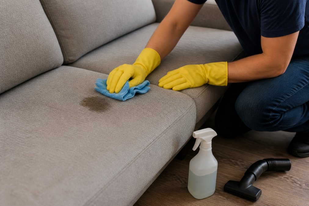 Person in rubber gloves using a microfiber cloth to remove stubborn dirt from upholstery on a light gray couch