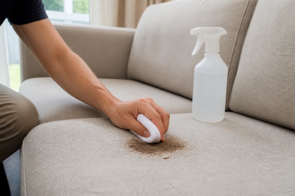 Close-up of a person carefully blotting a dark stain on a light-colored fabric sofa with a white microfiber cloth, dabbing from the outer edge inward with a spray bottle of cleaning solution resting on the cushion nearby, bright natural window light