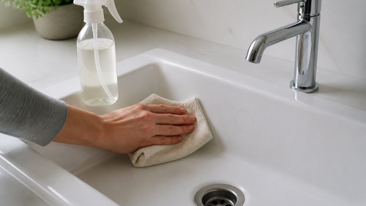 Hand wiping a white porcelain sink with a soft cloth and a spray bottle of cleaning solution nearby