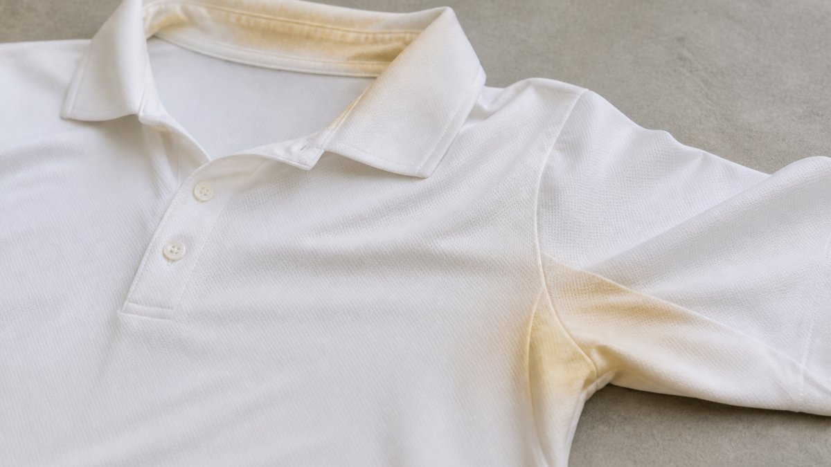 Close-up of a white golf polo shirt showing yellow underarm stains and collar discoloration from sweat, laid flat on a neutral surface with natural lighting