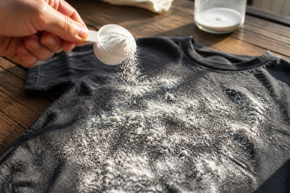 Baking soda being sprinkled onto a vintage t-shirt to remove vintage t-shirt odors on a wooden surface.