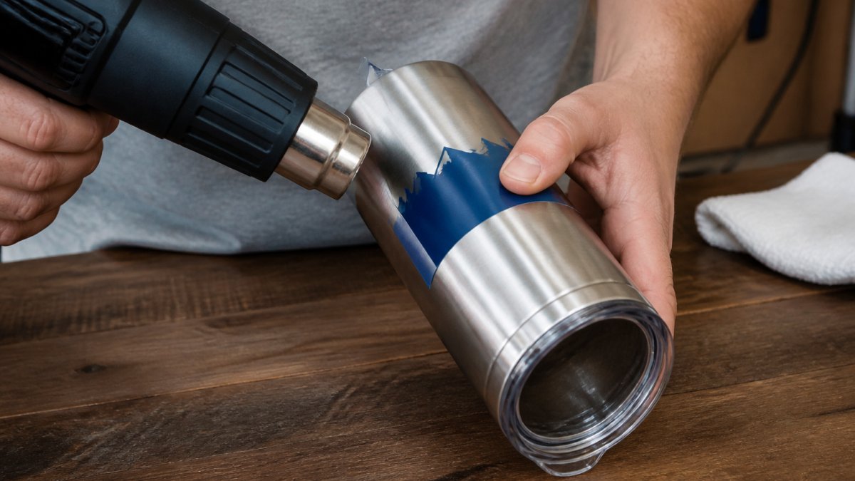 Hands using a heat gun on a stainless steel tumbler with vinyl decal, showing the vinyl beginning to lift at the edge as heat softens the adhesive