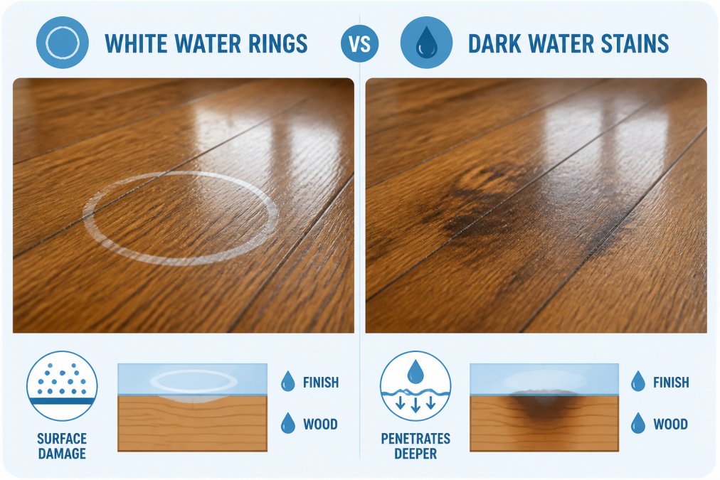 Close-up of hardwood flooring showing both white water rings and dark stains side by side for comparison, natural window lighting