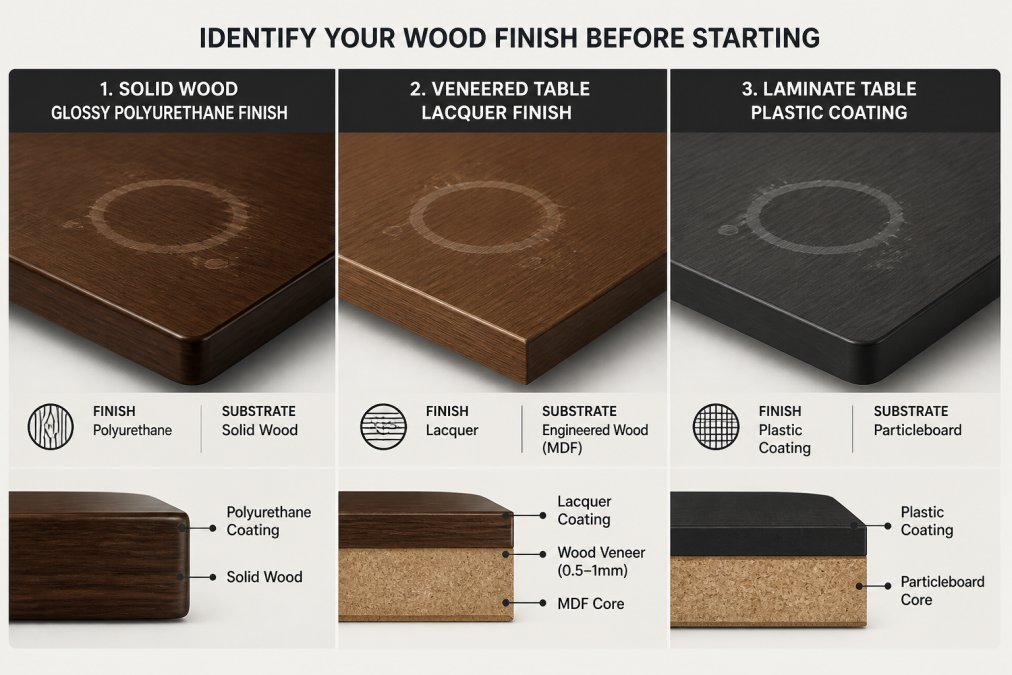 Infographic comparing finish types to help remove water stains wood from polyurethane, lacquer, and laminate surfaces.