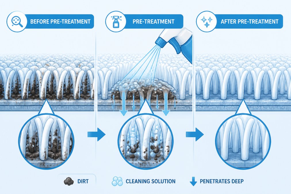 Process diagram showing steps for removing deep embedded dirt from carpet